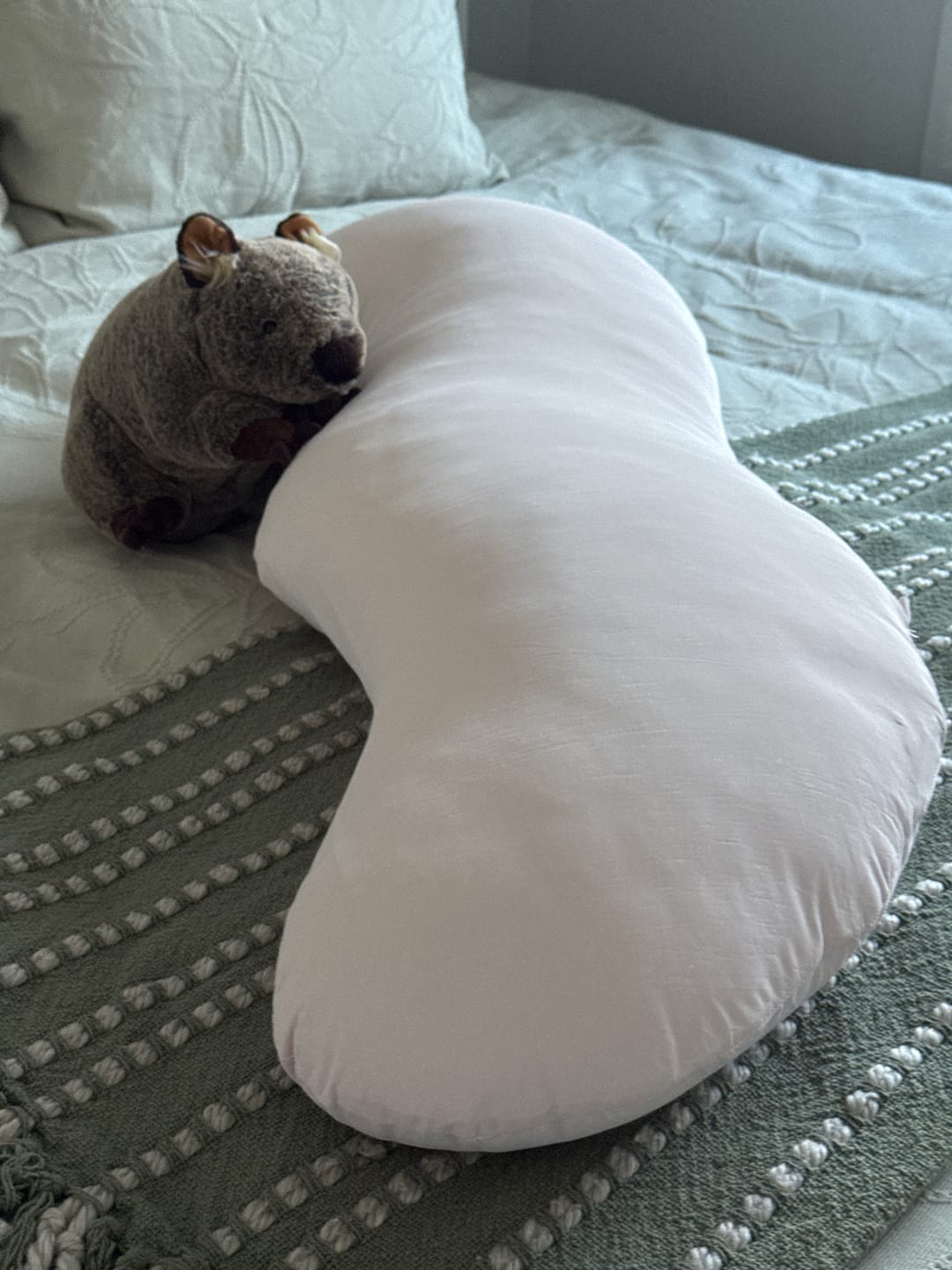 Customer's white Snuggi Body Align Pillow resting on a textured green bedspread next to a plush animal toy.
