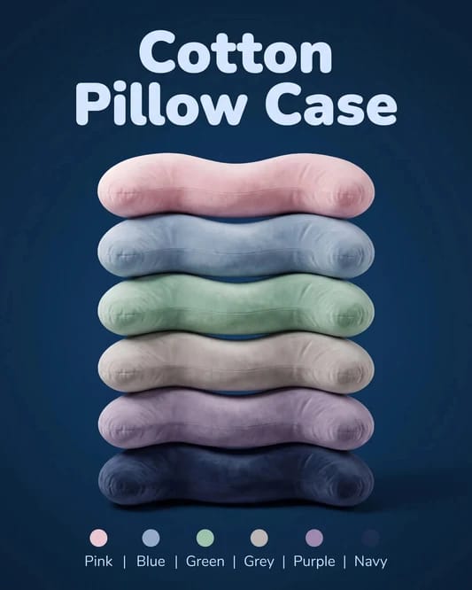Customer's Snuggi Body Align Pillow options shown in six different soft cotton colors stacked against a blue backdrop.